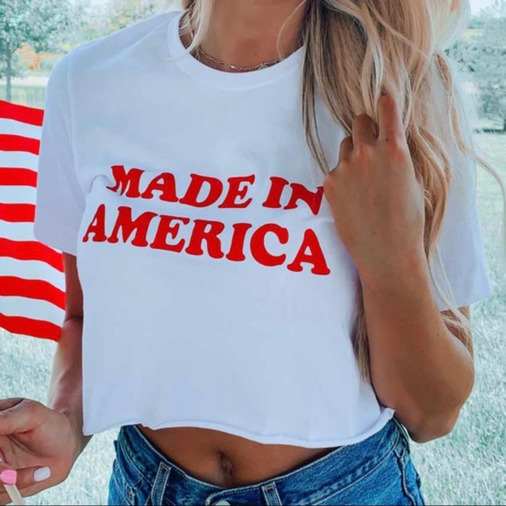 Made In America Crew Neck Crop Top Short Sleeve Tee Shirt With A Raw Hem - Picture 2 of 3